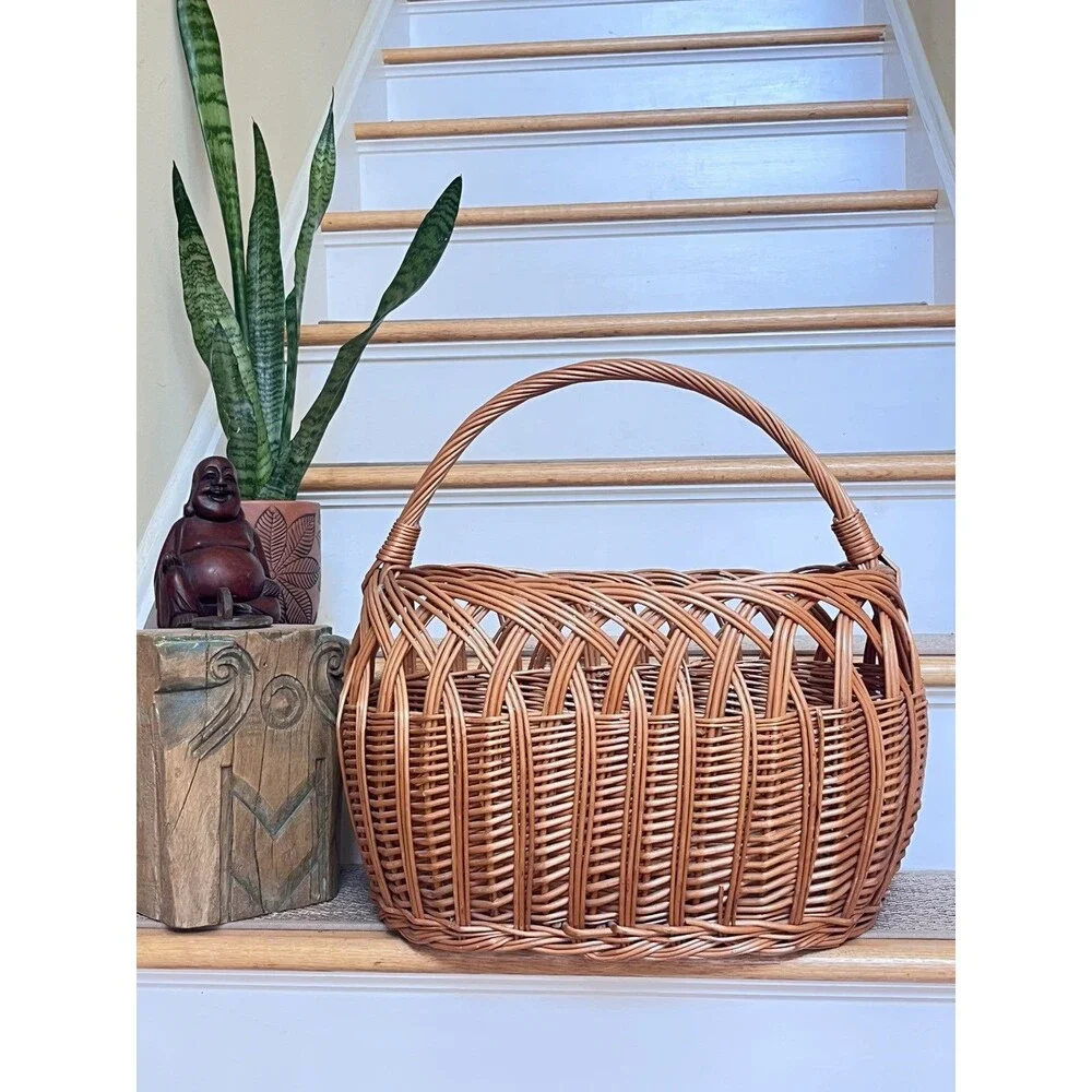 Vintage Polish Willow Wicker Woven High Arch Gathering Basket 20” x 16” Country